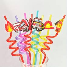 WJLLMYBAKING 8支装消防系列塑料吸管，可重复使用，趣味塑料吸管，消防员灭火器消防车模型，牛奶饮用吸管，生日派对装饰用品 - 查看 4