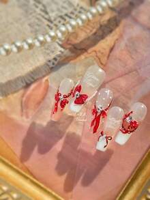 1件优雅红色蝴蝶结白色波点丝带华丽珍珠链闪亮美甲贴纸指甲油贴纸 - 彩色 - 查看 5