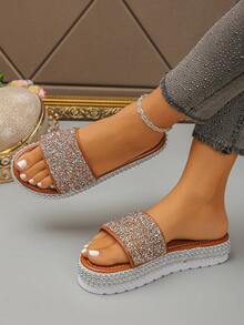 2026 New Rhinestone Embellished Thick Sole Wedge Slippers, Shiny Solid Color Unisex Crystal Sandals For Spring/Summer - Brown Colored Diamonds - View 5