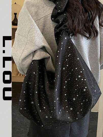 Fashionable Glitter Star Canvas Tote Bag, Casual Daily Travel Large Capacity Handbag & Shoulder Bag