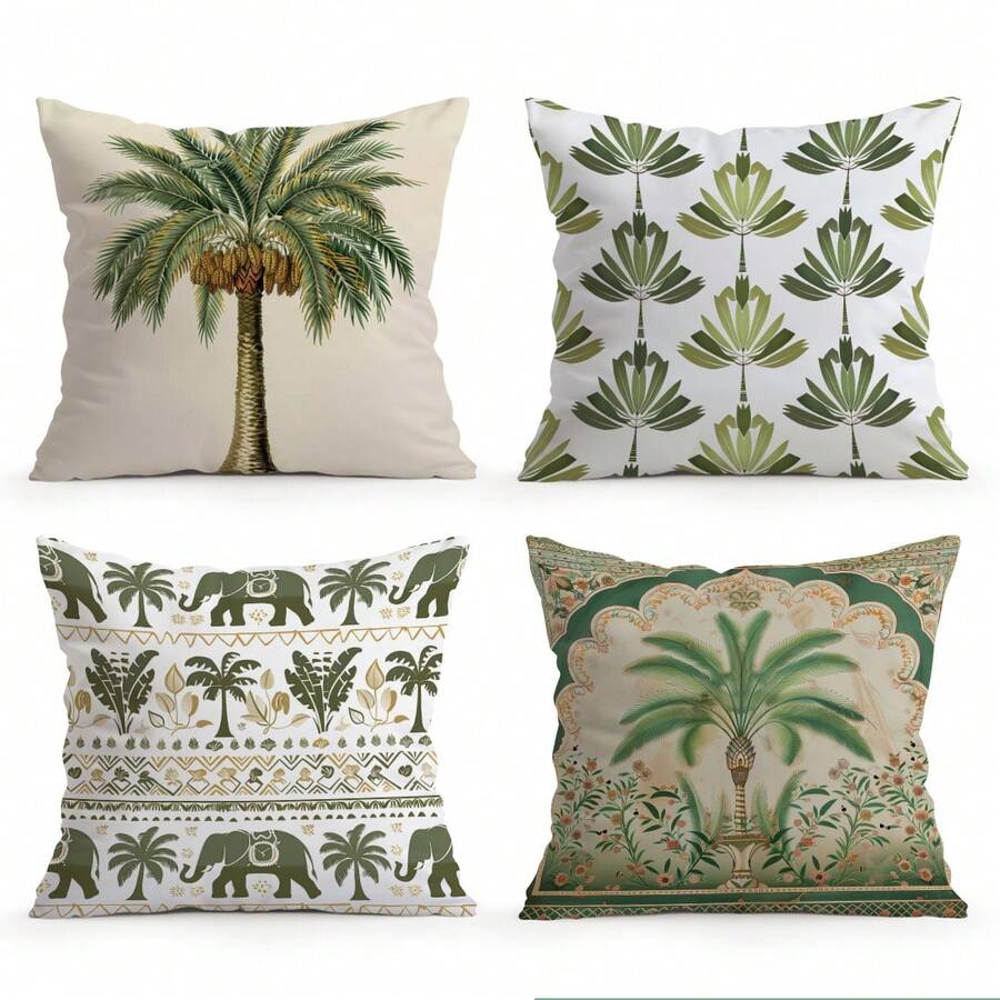 4pcs Middle Eastern Style Leaf & Elephant Pattern Single-Sided Print Throw Pillow Covers, Decorative Pillow Covers Suitable For Living Room Sofa Bedroom, Pillow Inserts Not Included - Multicolor - View 1