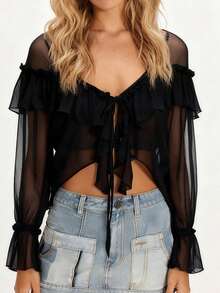 Women's Long Sleeve Blouse Front Tie Bow Casual Loose Fit Stylish Solid Color Sheer Ruffled V Neck Tops for Spring/Summer - Negro - Ver 6