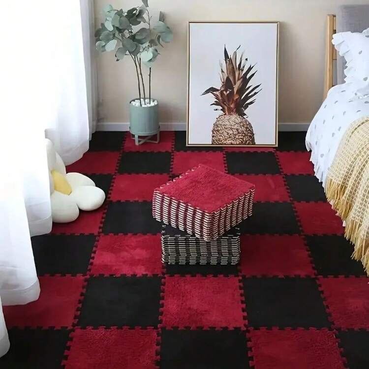 16 Peças Tapetes de Retalhos de Cor Sólida para Uso Doméstico, Tapetes de Espuma Grossa Decorativos de Quebra-cabeça para Quarto, Tapetes de Retalhos de Cor Sólida Felpudos e Aparáveis - Multicolorido - Visão 39