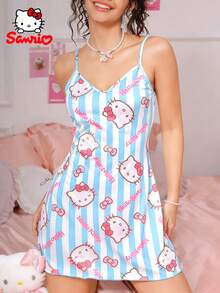 SANRIO 一件式女士蓝色V领字母蝴蝶结印花竖条纹睡衣，可爱睡裙，家居服 - 藍白色 - 查看 2