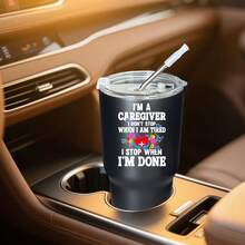 30oz Stainless Steel Tumbler Black White Options,  I Am A Caregiver I Don't Stop When I Am Tired I Stop When I'm Done Graphic Cups, Insulated Travel Coffee Mug With Lid And Straw , Double Wall Vacuum Reusable Travel Cups, Funny Birthday Party Gift For Women & Men - 黑色 - 查看 2