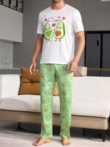 2pcs Men's Avocado Print Short Sleeve & Pants Casual Suit, Comfortable Machine Washable - Multicolor - View 2