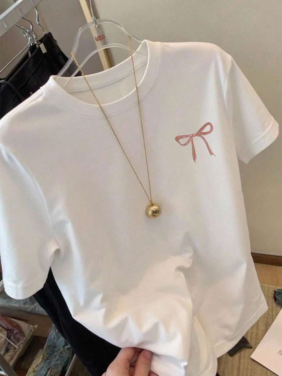 女士宽松蝴蝶印花蝴蝶结装饰T恤,夏季休闲白色 - 白色 - 查看 1
