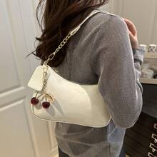 Women's Crescent Underarm Shoulder Bag, Minimalist Designer Style Crossbody Handbag With Cherry Charm - 白色 - 查看 1