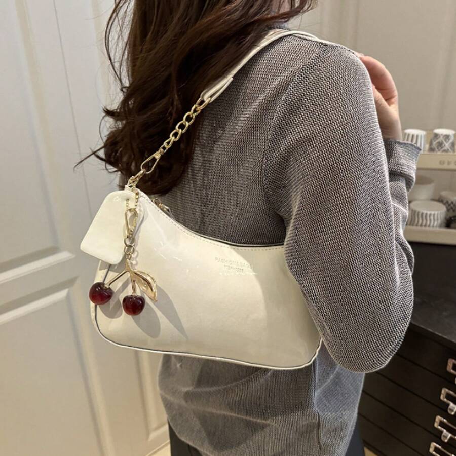 Women's Crescent Underarm Shoulder Bag, Minimalist Designer Style Crossbody Handbag With Cherry Charm - 白色 - 查看 1
