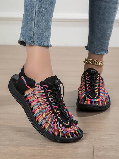 Women's Woven Roman Sandals, Outdoor Flat Open Toe Backless Breathable Hollow Out Beach Sandals, Minimalist And Convenient