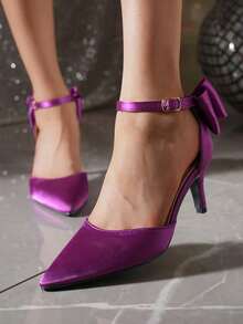 Purple Satin Bow Pointed Toe Ankle Strap High Heel Shoes For Women, Suitable For Spring And Autumn - Purple - View 4