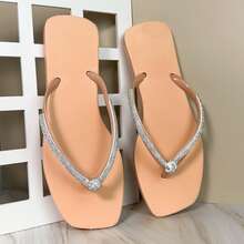 Women's Comfortable Black Square Toe Flip-Flop Sandal With Rhinestone Strap And Bow - Rose Red - View 1