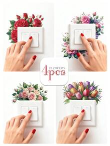 4pcs Vivid Rose & Elegant Tulip Switch Socket Wall Stickers - Self-Adhesive Floral Pattern, Easy To Apply, Suitable For Bathroom, Bedroom Home Decor Aesthetics - BH15066 - View 2