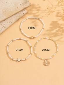 Set de 3 piezas Tobillera de estilo bohemio con aleación metálica, cuentas de vidrio y estrella de mar de múltiples capas, accesorio de joyería de moda para mujer, adecuado para uso diario, playa, fiesta y festival de música - Dorado - Ver 4
