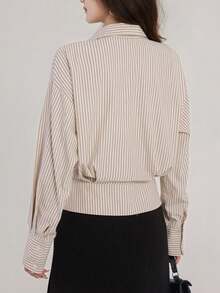 Women's Long Sleeve Striped Color Block Textured Office Shirt Spring - Apricot - View 3