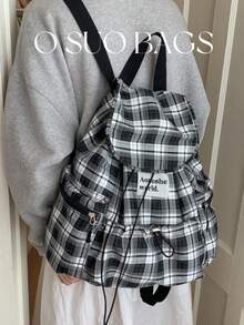 Mochila casual de nailon de gran capacidad y estilo de cuadros, con múltiples bolsillos, impermeable y plegable, con cordón y parche con letra, bolsa de viaje de verano - Blanco y Negro - Ver 8