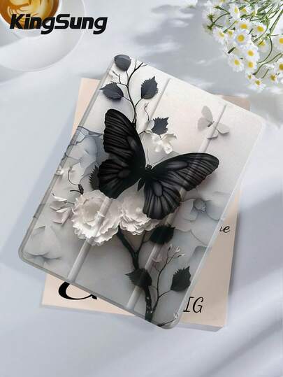 Kingsung Black Butterfly & Flower Pattern Tablet Protective Case, Suitable For 9.7/10.2/10.5/10.9/12.9 Inch Pro 11 Inch, 10th Gen , Galaxy Tab S6 Lite 10.4 Inch, Kindle Paperwhite 12th Gen 2024, Kindle (11th Generation) 2022, Kobo Clara Color, Soft Shock-Proof Protection, Support Smart Sleep/Wake