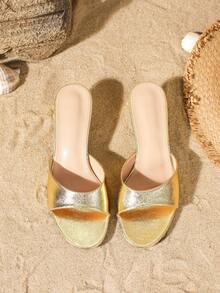 Women's Gold Metal Slip-On Slide Sandals, Round Toe High Heel Mules, Elegant Slip-On Shoes For Summer Vacation & Party - Gold - View 6