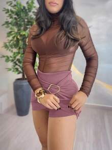 女士金属环褶裥修身半身裙，休闲优雅，适合派对、约会、度假、街头风、办公穿着 - 粉色 - 查看 3