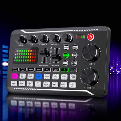 专业无线麦克风声卡，播客设备套装，便携式音频接口播客一体化设备，集成麦克风前置放大器，USB充电和无线设计，适用于录音、直播、DJ和智能手机