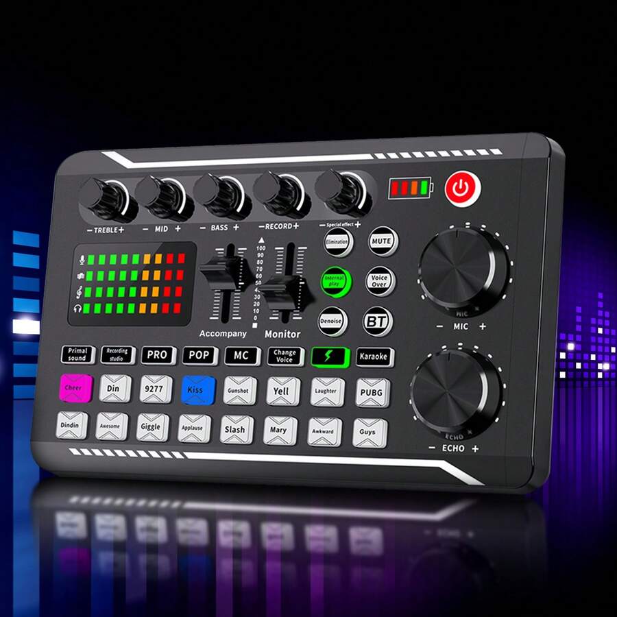Micrófono inalámbrico profesional con tarjeta de sonido, equipo para podcast, interfaz de audio portátil todo en uno para podcast con preamplificador de micrófono integrado, carga USB y diseño inalámbrico, adecuado para grabación, transmisión en vivo, DJ y teléfono inteligente