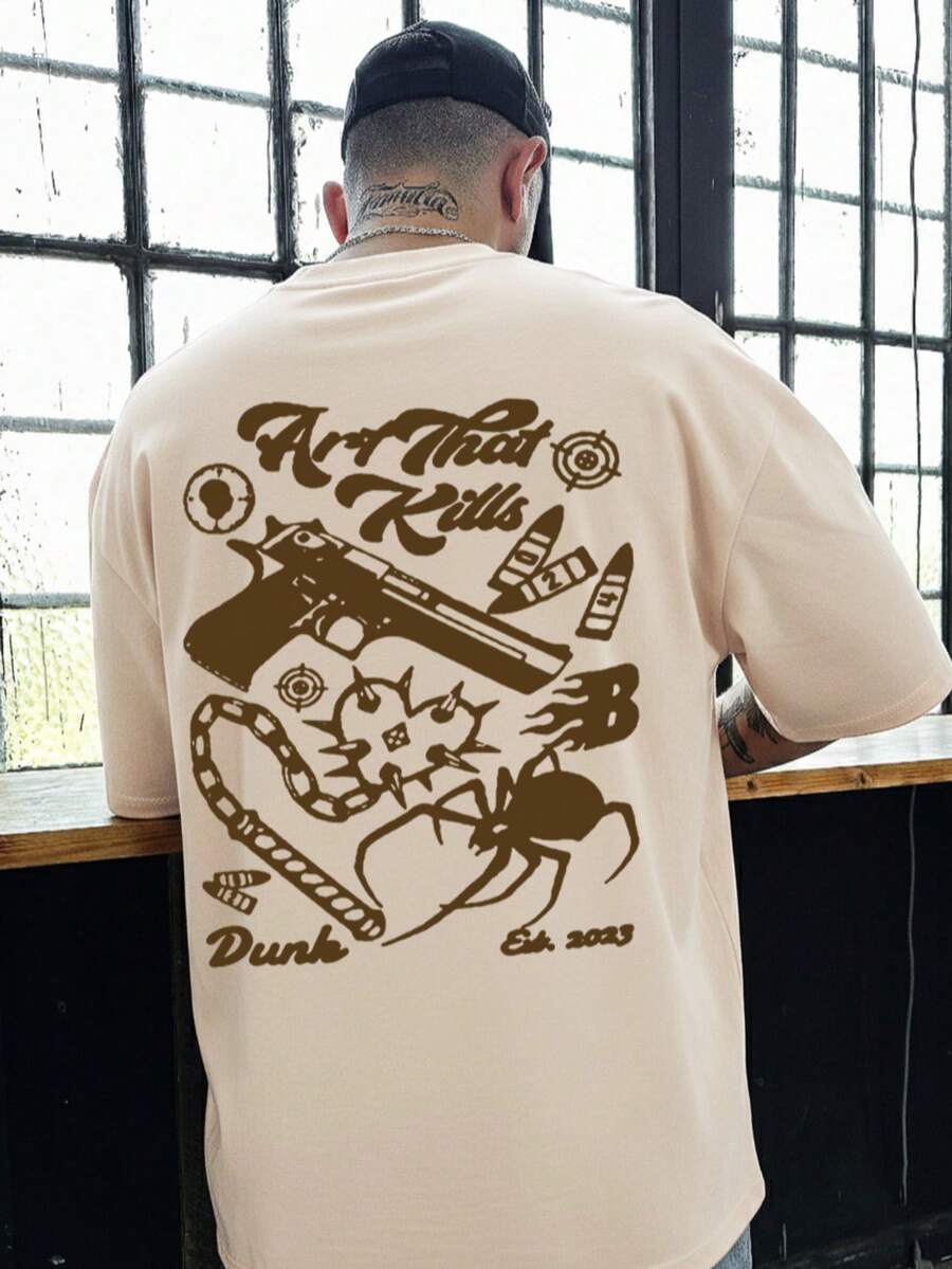 Krometka Men's Casual Street Graffiti Versatile Graphic Print Short Sleeve T-Shirt, Spring/Summer - Apricot - View 1