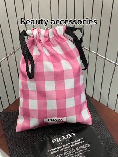 Prada Pink Plaid Drawstring Bag; Minimalist High-End Cosmetic Bag; Professional Counter Portable Storage Handbag; Handbag.