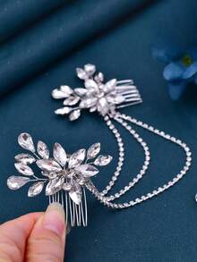 1pc Bridal Leaf & Pearl Hair Comb, Versatile Minimalist Handmade Hair Accessory - Silver - View 3