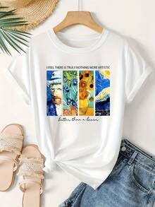 An Elegant Women'S T-Shirt Featuring A One-Piece Van Gogh Oil Painting Design, With English Letter Slogans And Impressionist Prints, Perfect For Spring And Summer Sports Vacations. This Casual And Stylish Vintage Top Is Loose-Fitting And Flattering  Oversized Graphic Tee,Ladies Cute Egg Graphic Casual Crew Neck Tee,Women's Y2K Aesthetic Print Short Sleeve Top - 白色 - 查看 1