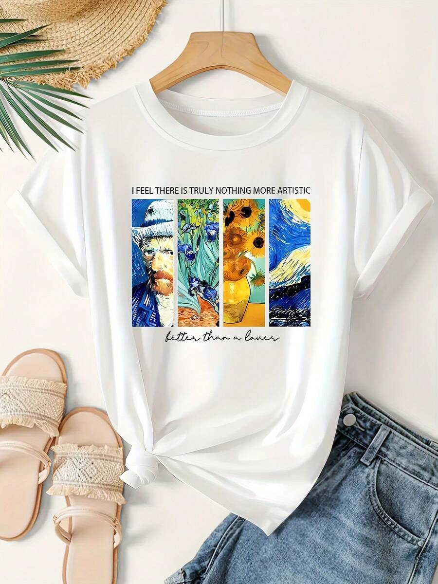 An Elegant Women'S T-Shirt Featuring A One-Piece Van Gogh Oil Painting Design, With English Letter Slogans And Impressionist Prints, Perfect For Spring And Summer Sports Vacations. This Casual And Stylish Vintage Top Is Loose-Fitting And Flattering Oversized Graphic Tee,Ladies Cute Egg Graphic Casual Crew Neck Tee,Women's Y2K Aesthetic Print Short Sleeve Top - 白色 - 查看 1