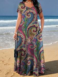 Plus Size Women Fashion Printed Pocket Casual Vacation Dress Summer Elegant - Multicolor - View 3