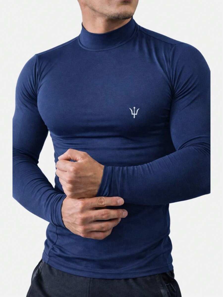 Men's Thermal High Neck Base Layer Shirt With Long Sleeves - 藏蓝色 - 查看 1