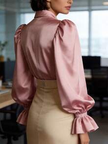 Women's Satin Silk Blouses Dressy Lantern Long Sleeve Shirts Button Down Work Business Casual Tops Vintage Loose Fit Puff Sleeve Blouse Dressy Tops - 粉色 - 查看 2