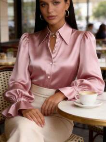 Women's Satin Silk Blouses Dressy Lantern Long Sleeve Shirts Button Down Work Business Casual Tops Vintage Loose Fit Puff Sleeve Blouse Dressy Tops - 粉色 - 查看 3