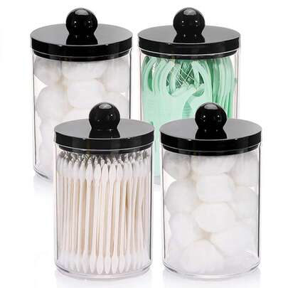 10盎司棉签盒 - 浴室收纳整理容器，塑料药剂师罐，带黑色盖子，可存放棉签、圆垫、牙线等