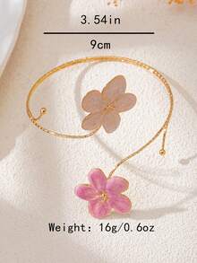 1pc Pink & White Enamel French Floral Arm Cuff | Gold-Tone Feather Arm Bracelet | Summer Beach Resort Jewelry - Pink - View 2