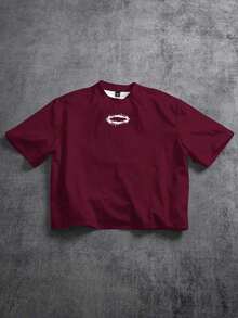 2026Manfinity  Boxy Cropped Loose Distressed Thorn Wreath "JESUS IS MY KING" Graphic White Short Sleeve T-Shirt (High Quality)Loose And Comfortable,Ca - 酒紅色 - 查看 3