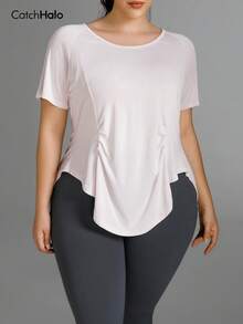 Plus Size Women's Soft Sports Tee, Ruched Waist, Back Button, Open Back, Slimming, Pink, Yoga Gym Casual - Baby Pink - View 6