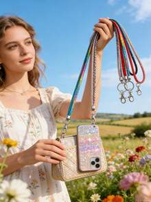 1pc Multicolor Rhinestone Crystal Lanyard - Nylon Strap With Metal Clasp, Elegant Shiny ID And Phone Keychain, Suitable For Office, Teacher, Student (7 Colors: Mixed/Gray/Pink//Blue/Black) - Multicolor - View 2