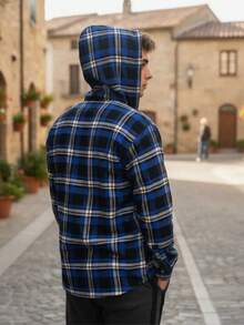Men's Adult Flannel Plaid Shirt With Hood. - 藍色 - 查看 4