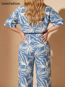 Conjunto MujerCamisa de Raso Manga Larga Cuello Clásico con Botones y Pantalón Ancho de Satén Estampado Tropical Marrón Combinado Elegante Femenino Chic Moda Playa Vacaciones Outfit Casual Formal Oficina Fiesta Look Sofisticado Tela Ligera Suave 96% Poliéster 4% Spandex Espalda Elástica Ajuste Cómodo Pierna Amplia Caída Fluida Conjunto Dos Piezas Dama Fashion Primavera Verano  México Ropa Mujer Moderna Estilo Europeo Americano No Estirado Diseño Exclusivo Impresión Variable Outfit Tropical Glam Street Style Combinable con Sandalias Tacones Sneakers Ideal Clima Calor Nuevo Lanzamiento Alta Calidad - Celeste - Ver 5
