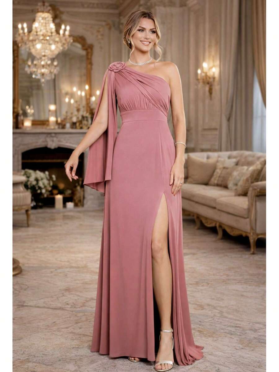 Bridesmaid Dress For Party Guests Reception Graduation Without Shine Cape Sleeve In Fluity Cpom Flower Brooch - Rusty Rose - View 1