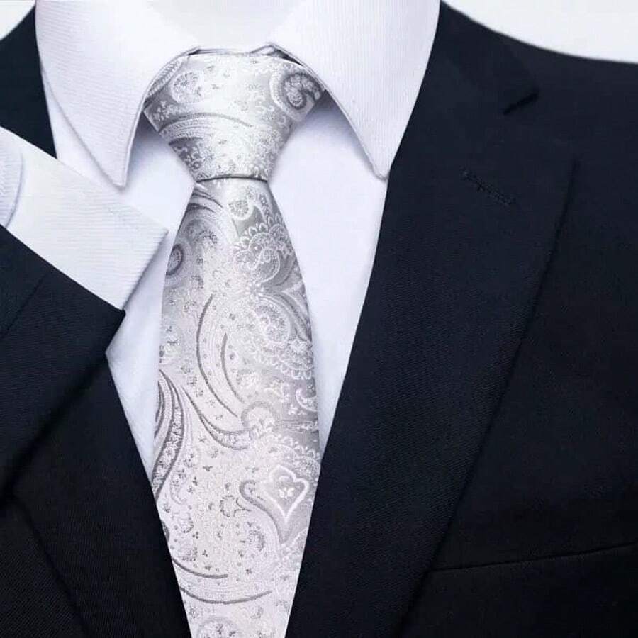 1pc Paisley Floral Necktie For Men, 8cm Width, Suitable For Holidays, Weddings, Work - Light Grey - View 1