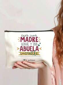 1 pieza Bolsa de cosméticos con estampado "Mejor abuela del mundo", bolsa de almacenamiento esencial para viajes, bolsa de maquillaje, regalo para la abuela - Beis - Ver 5