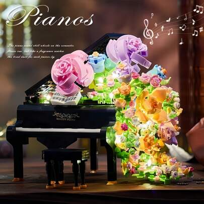 Bộ xếp hình hơn 700 mảnh hình đàn piano, bó hoa bất tử, đồ chơi lắp ráp DIY, bộ xếp hình hạt nhỏ, xếp hình chậu cây, quà tặng sinh nhật/lễ hội/Ngày của Mẹ/Lễ Phục Sinh/Ngày Valentine, trang trí cửa sổ/bàn làm việc.