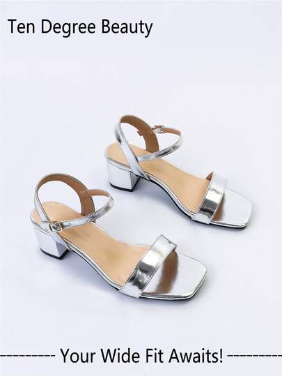 Wide Fit Women's Summer New One-Strap Open Toe Square Toe Chunky Heel Sandals, Elegant Style