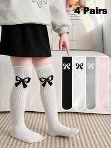 1双/4双装 儿童春夏新款过膝袜，学院风小腿袜，带荷叶边和大蝴蝶结，女童长筒袜 - 彩色 - 查看 1