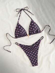 Women's 2026 Summer 2 Piece Bikini Set 2 Styles: Plaid  Polka Dot Print Halter Neck Thin Strap Thong Bottom Quick Dry Lightweight Beach Pool Music Festival Outfits Plaid Swimsuit Polka Dot Bikini Pokadot Bathing Suit - Màu tím - Xem 5