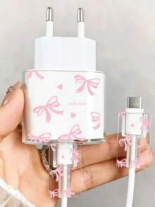Funda protectora transparente para cargador con lazo rosa y patrón de corazón, adecuada para cargador de 20W con enchufe europeo para evitar roturas - Multicolor - Ver 4