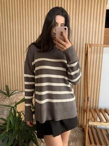 Striped Long-Sleeved Knit Sweater Top, Warm And Comfortable. - Grey - View 2